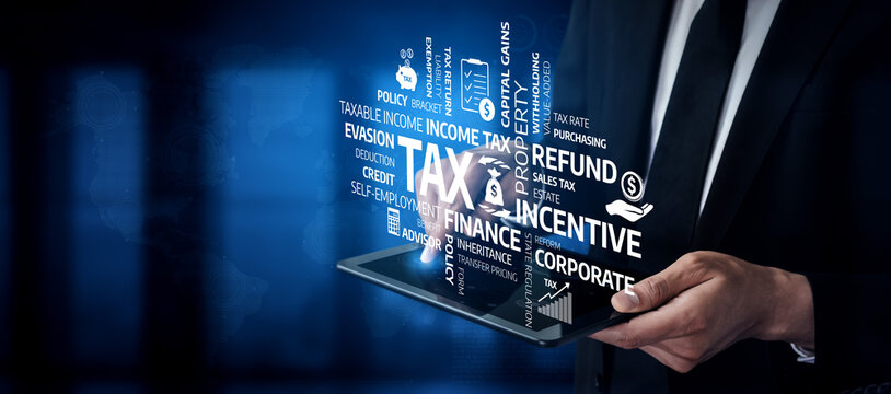 A businessman engages with a tablet displaying digital tax concepts and financial terms, highlighting modern challenges in taxation and strategic business growth opportunities. Tessel - Powered by Adobe