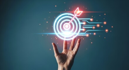 A hand reaching up towards a glowing target with an arrow and circuit patterns above it