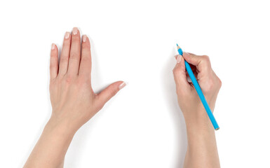 Female hands holding pencil, writing gesture on transparent background. Concept of drawing, education, creativity, and business planning. Isolated cutout for design use.
