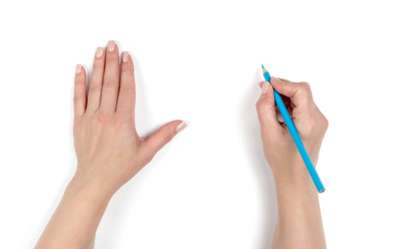 Female hands holding pencil, writing gesture on transparent background. Concept of drawing, education, creativity, and business planning. Isolated cutout for design use.
