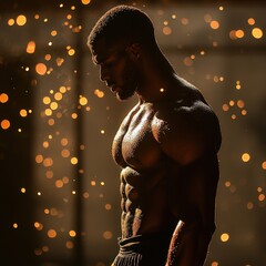 Dense shadows wrap around his muscular body while faint sparks float in the background