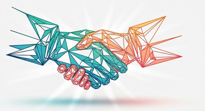 Geometric handshake illustration with blue and orange polygonal shapes on white background - Powered by Adobe