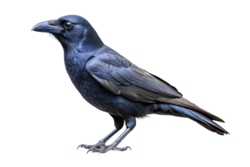 A detailed studio portrait of a glossy black crow with iridescent blue and green feather highlights isolated on transparent background