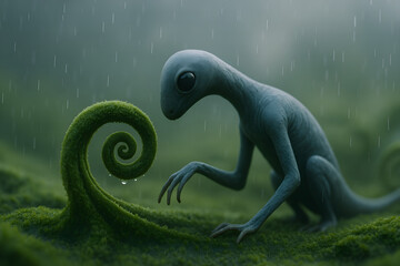 Blue Fantasy Creature With Spiral Tail In Misty Water