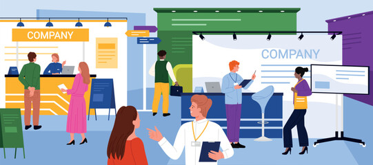 People interact at a busy business exhibition with company booths, product displays, and professionals networking at a modern expo center event vector illustration