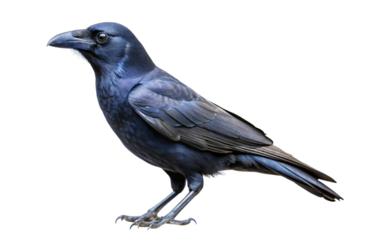 A detailed studio portrait of a glossy black crow with iridescent blue and green feather highlights isolated on transparent background