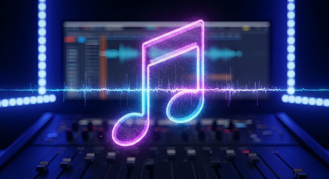 Neon music note above audio mixing console with waveform display in dark studio