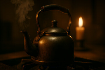 Old Metal Kettle Steaming Beside Candle In Dark Rustic Room