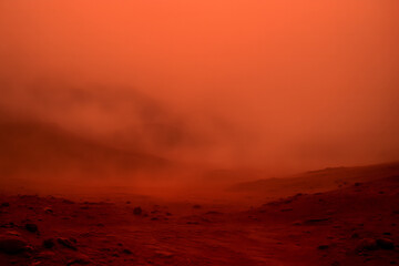 Red Misty Landscape With Rolling Hills And Surreal Fog