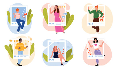 Group of young influencers posing in social media frames, showing likes, comments, and followers, representing online popularity and digital interaction, vector illustration