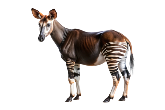 A detailed studio portrait of an okapi with distinctive striped legs isolated on transparent background