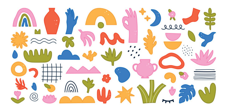 Abstract doodle collection of plants, hands, vases, birds, rainbows and organic cutout shapes in bold modern matisse style for collage, pattern and decor, isolated on white background vector