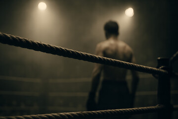 Boxer Standing Alone In Foggy Boxing Ring Under Dramatic Light