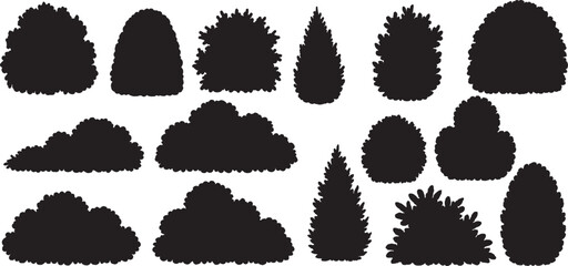 Obraz premium Bush and hedge vector illustration set, silhouette collection of garden shrubs, landscaping elements.