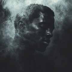 Dim moonlight highlights the contours of his face while fog and drifting ash surround him