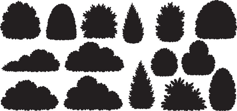 Bush and hedge vector illustration set, silhouette collection of garden shrubs, landscaping elements.