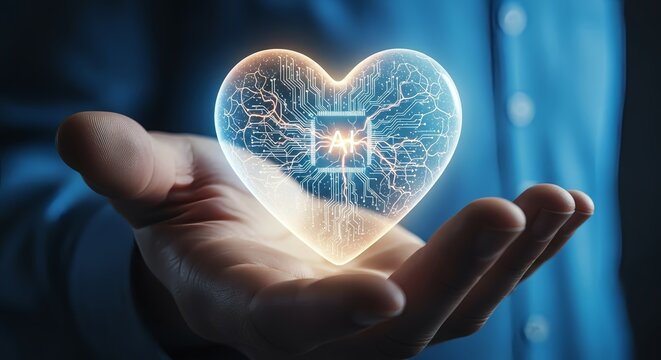 Hand holding a glowing heart shaped ai circuit board against a blurred background - Powered by Adobe