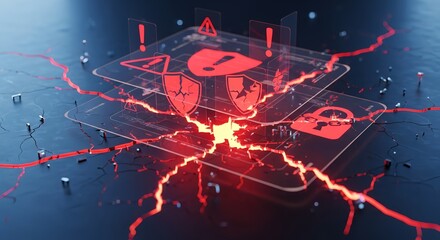 Red security breach icons with cracked shields and lock on transparent layers above cracks