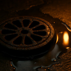 Wet Street Drain Cover In Dark Moody Lighting After Rain