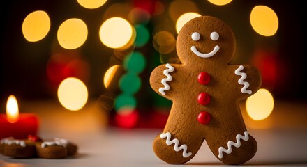 Obraz premium Festive Gingerbread Man Cookie Delight with Holiday Lights and Christmas Candle Warmth