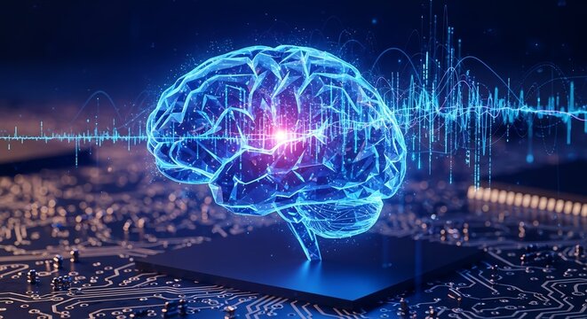A glowing blue brain with pink center on a computer chip with blue waveforms above it - Powered by Adobe