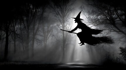 Silhouette of Witch Flying on Broomstick over Misty Forest Background for Halloween - Isolated Vector Art