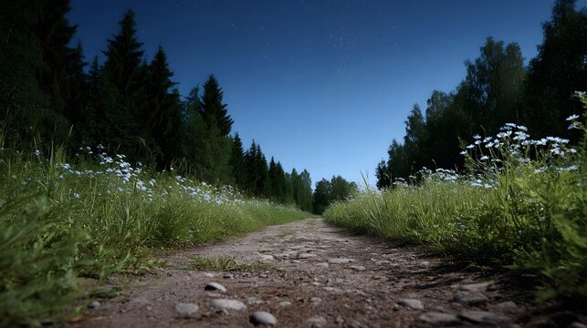 A dirt path winds through a forest lined with wildflowers under a starry night sky - Powered by Adobe