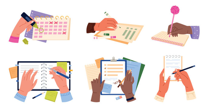 Multiple diverse hands write on notebooks, calendars, and documents, showing planning, paperwork, and note-taking activities, isolated on white background vector illustration