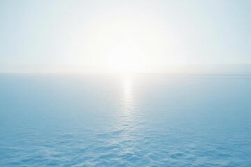 Fototapeta premium High-Key Minimalist Blue Ocean Sunrise — Centered Horizon, Sun Reflection, Pastel Sky, Copy Space for Wellness App/Website Header