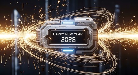 Happy new year 2026 digital display with energetic sparks.