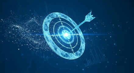 A digital bullseye target with an arrow in the center on a dark blue background