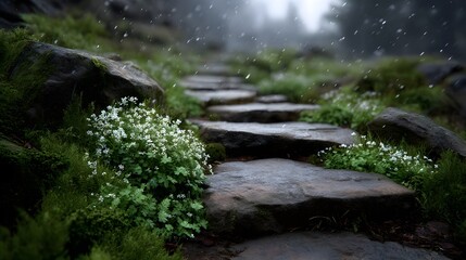 A serene moss covered stone pathway winds upwards through a misty forest during a gentle rainfall with small white wildflowers adding delicate color