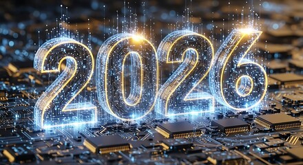2026 digital glowing numbers on futuristic circuit board data