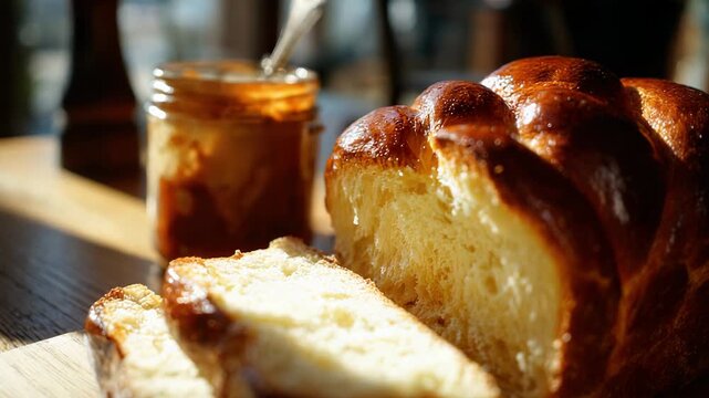 Golden Braided Bread Loaf With Jar of Caramel Sauce and Spoon on Wooden Table Bathed in Warm Sunlight