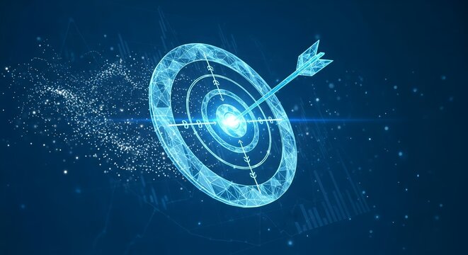 A digital bullseye target with an arrow in the center on a dark blue background - Powered by Adobe