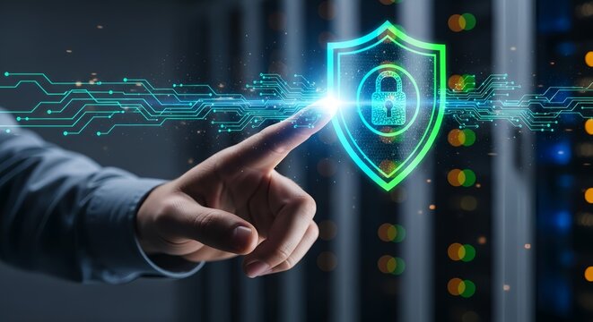 A hand touching a digital shield with a padlock over a server data protection concept