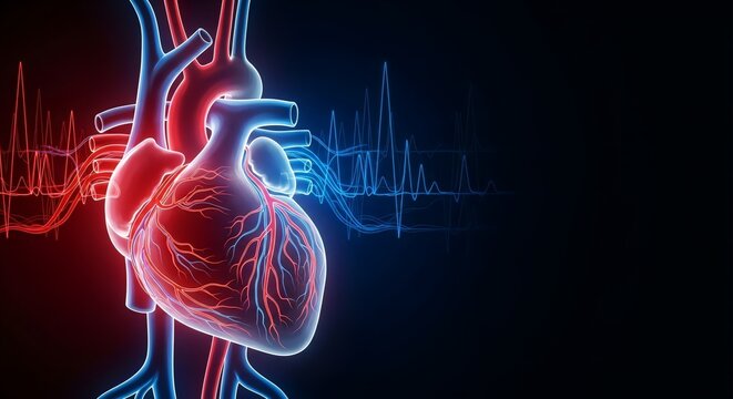 Anatomical heart illustration with red and blue color gradient and heart rhythm waves