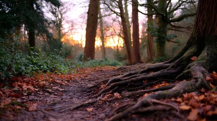 Obraz premium A tranquil woodland path winds through trees with exposed roots and fallen autumn leaves bathed in the soft glow of a sunset