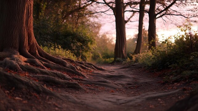 Winding forest path with gnarled tree roots illuminated by soft warm sunset light evoking a serene mood