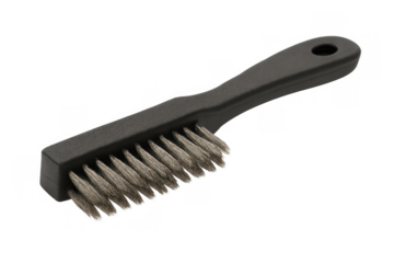 Wire brush with black plastic handle and metal bristles for scrubbing and cleaning on transparent background