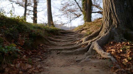 Fototapeta premium A winding forest path with exposed tree roots and fallen autumn leaves bathed in soft natural light