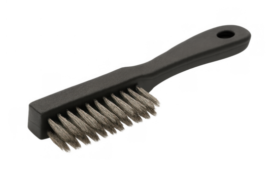 Wire brush with black plastic handle and metal bristles for scrubbing and cleaning on transparent background