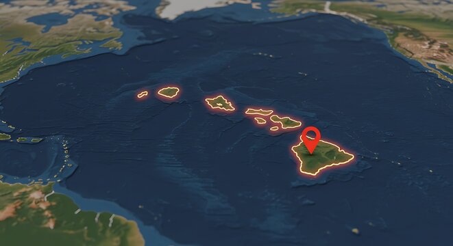 Illuminated digital map of the Hawaiian Islands, with a location marker on a major island