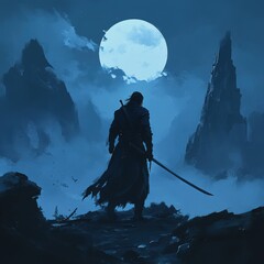 Large muscular samurai figure standing on a rocky cliff edge, cloak moving in the wind under dim moonlight