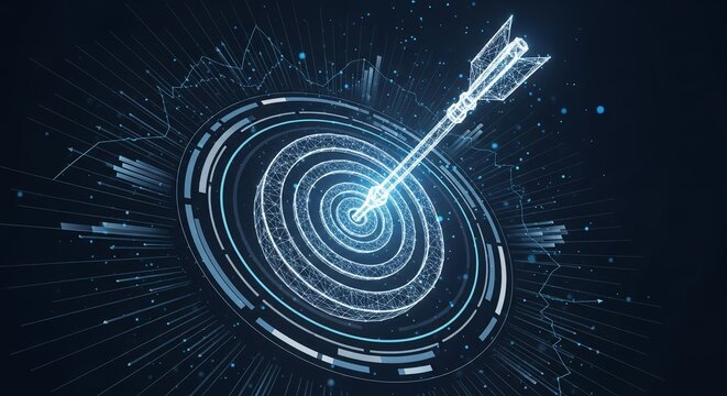 Digital arrow hitting the center of a target with data visualizations around it