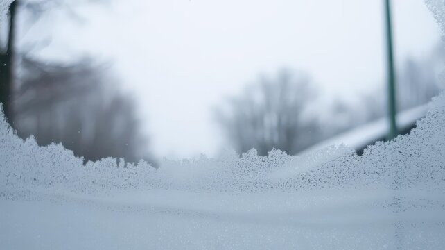 Frosted window with ice crystals — icy-blue minimalist winter banner