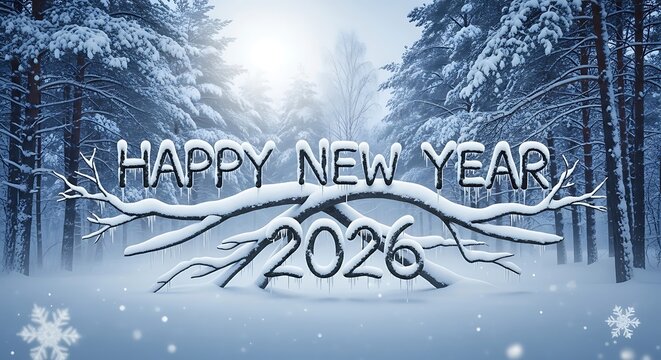 Happy new year 2026 text with icicles in snowy winter forest
