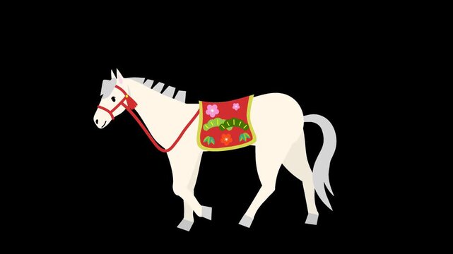 正月飾りをした馬のウォーキングアニメーション