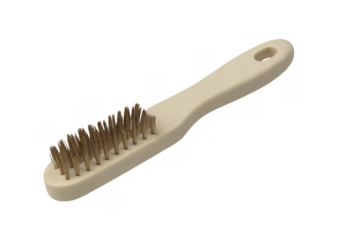 Wire brush with cream plastic handle for scrubbing and cleaning metal surfaces, removing rust, paint, and grime, transparent background