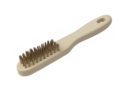 Wire brush with cream plastic handle for scrubbing and cleaning metal surfaces, removing rust, paint, and grime, transparent background